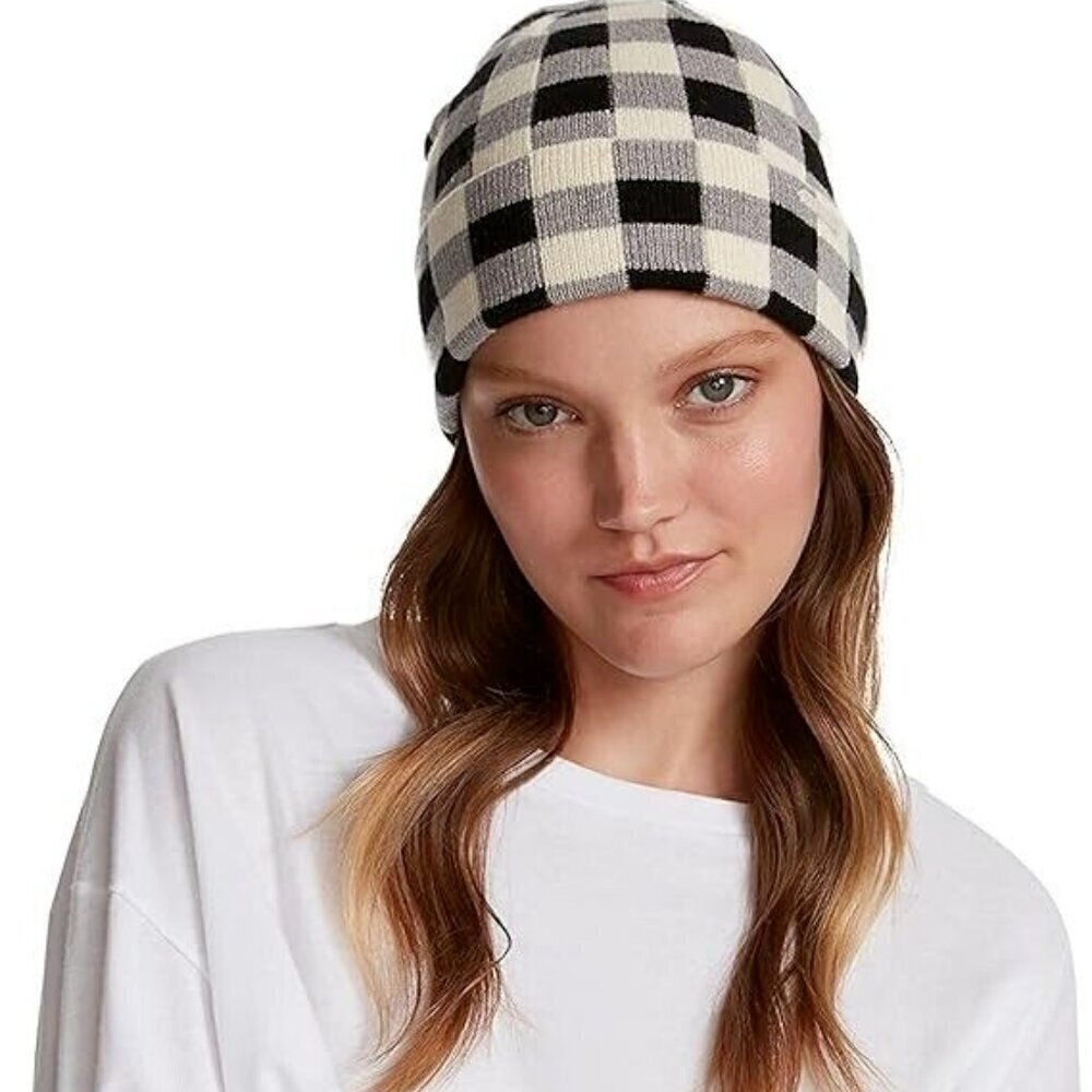 Steve Madden Black And White Skate Check Beanie OS